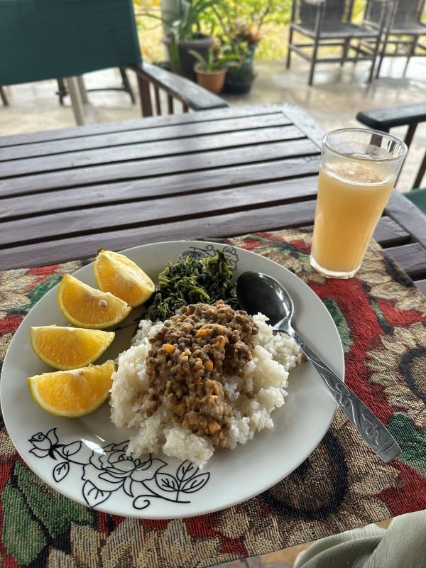 Pöydällä juomalasi ja lautanen, jolla riisiä, linssimuhennosta, kasviksia ja appelsiinin  lohkoja